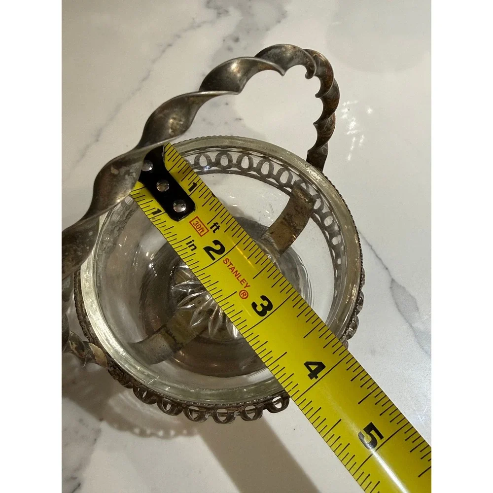 Vintage Silver Plated Candy Dish Glass Insert Twisted Handle England Etched